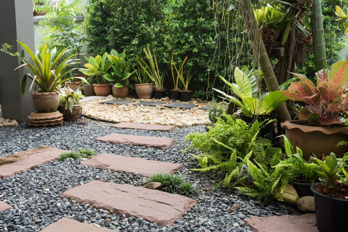 Aménagement avec roches et gravier pour un jardin résistant à la sécheresse