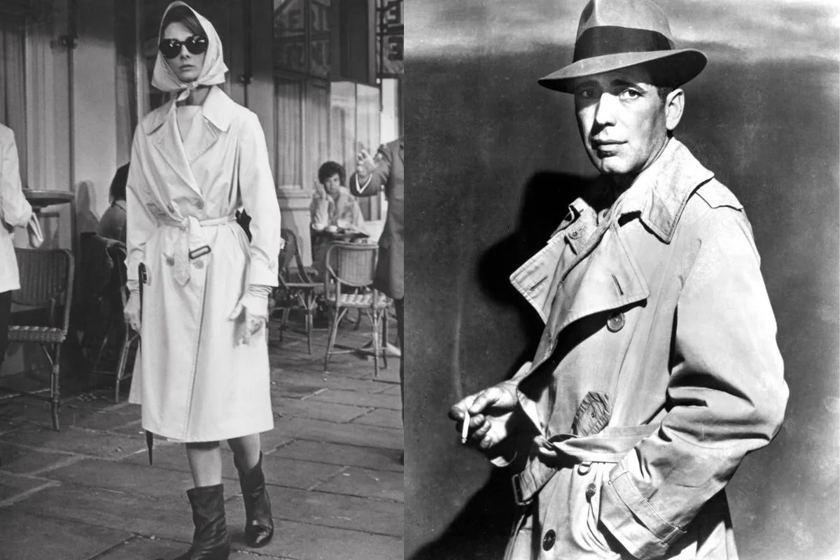 Icônes du cinéma, Audrey Hepburn et Humphrey Bogart, portant des trench-coats emblématiques.