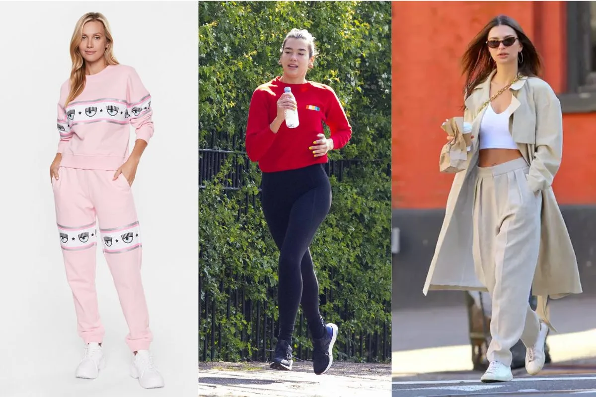 Trois femmes célèbres portant des joggings dans différents contextes, allant du sportif au streetwear chic.