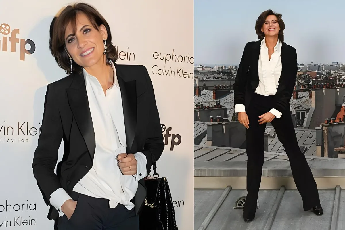 Inès de la Fressange en chemise blanche et costume noir lors d'un événement et sur un toit parisien.