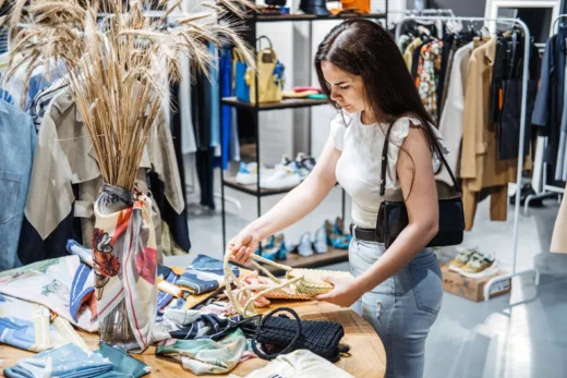 Cliente choisissant des accessoires éco-responsables dans une boutique de mode durable.