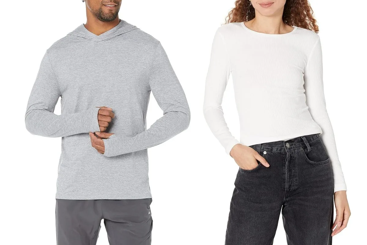 Homme portant un haut à capuche gris et femme en haut blanc basique, tous deux Amazon Essentials.