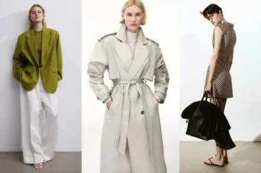 Trois modèles présentant les tendances printanières de H&M : un blazer vert olive, un trench beige, et sac seau en tissu.