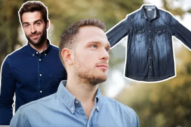 Deux hommes portant des chemises en denim avec un troisième exemplaire flottant dans l'air, illustrant diverses façons de styliser cette pièce classique.