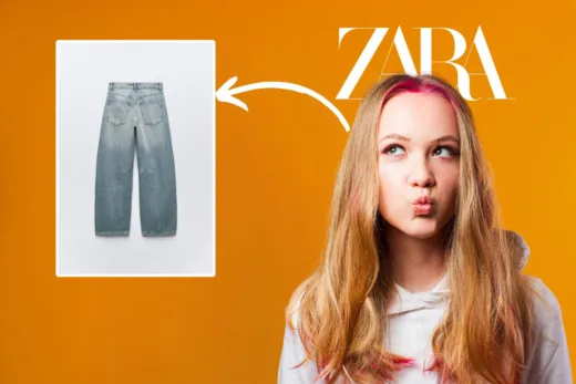 Jeune femme faisant un geste de réflexion vers un jean Zara