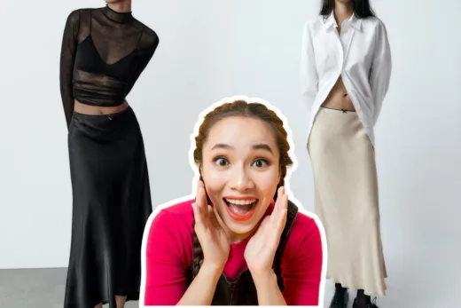 Femme enthousiaste entre deux images de femmes portant des jupes satinées de Zara.