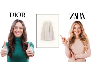 Deux femmes souriantes pointant du doigt une jupe plissée blanche inspirée par Zara et Dior