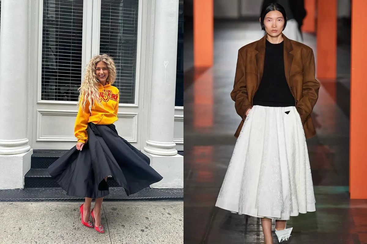 À gauche, femme souriante en jupe corolle noire et sweatshirt, à droite, mannequin sur podium en jupe corolle blanche et veste marron.