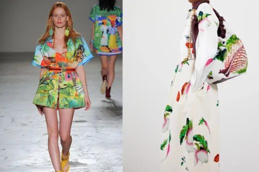 Mode de cette saison : Deux modèles sur le podium portant des tenues à motifs de fruits et légumes, l'un avec une combinaison tropicale et l'autre avec une robe élégante.