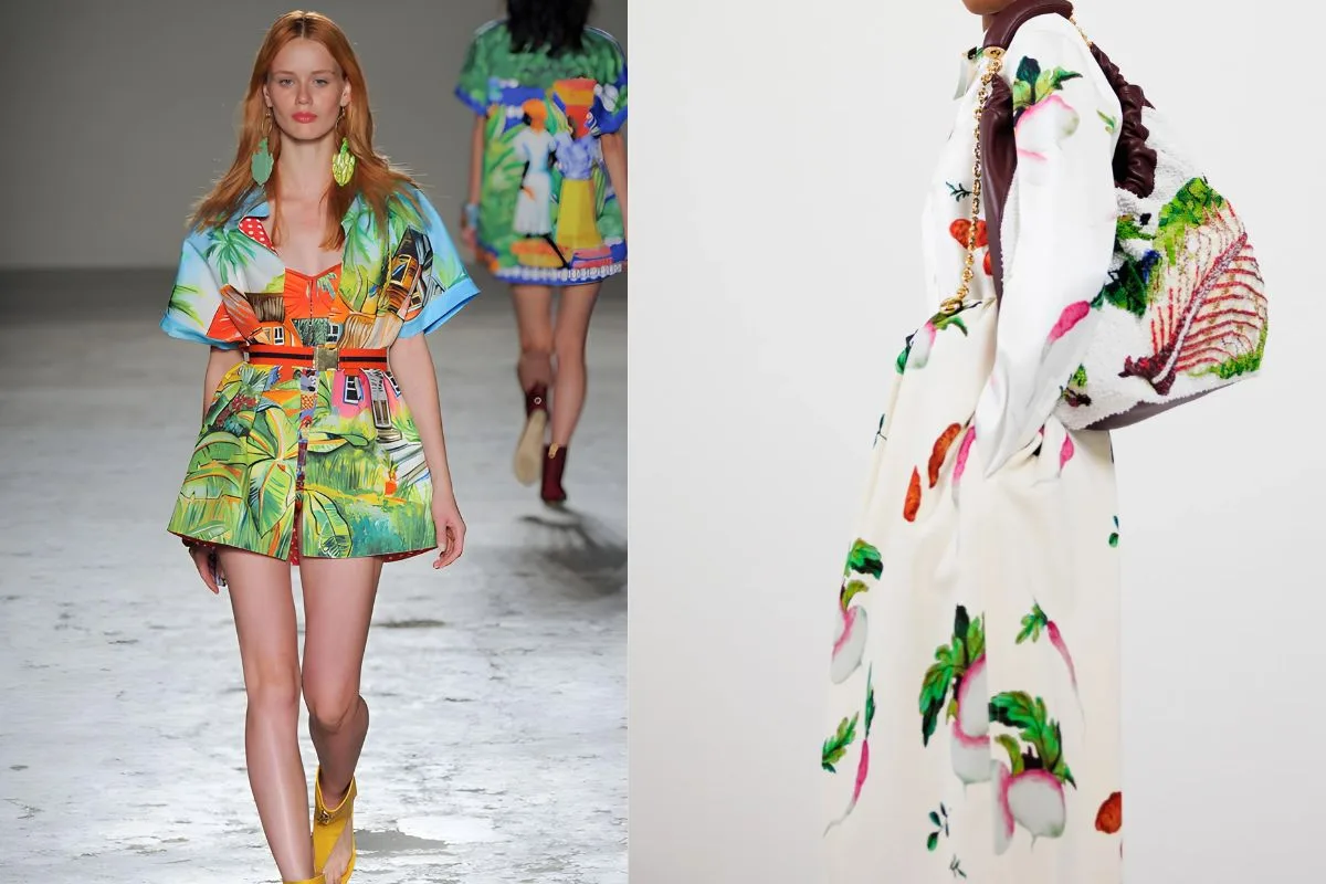 Mode de cette saison : Deux modèles sur le podium portant des tenues à motifs de fruits et légumes, l'un avec une combinaison tropicale et l'autre avec une robe élégante.