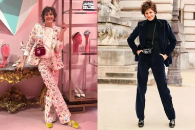 Inès de la Fressange souriante portant un ensemble floral à gauche et une tenue classique bleue à droite