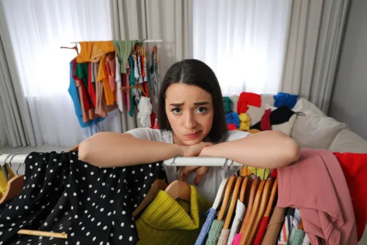 Femme désemparée reposant sur une pile de vêtements colorés évoquant le surconsommation de la mode rapide.