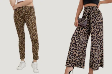 Deux styles de pantalons à imprimé léopard, un ajusté et l'autre évasé.
