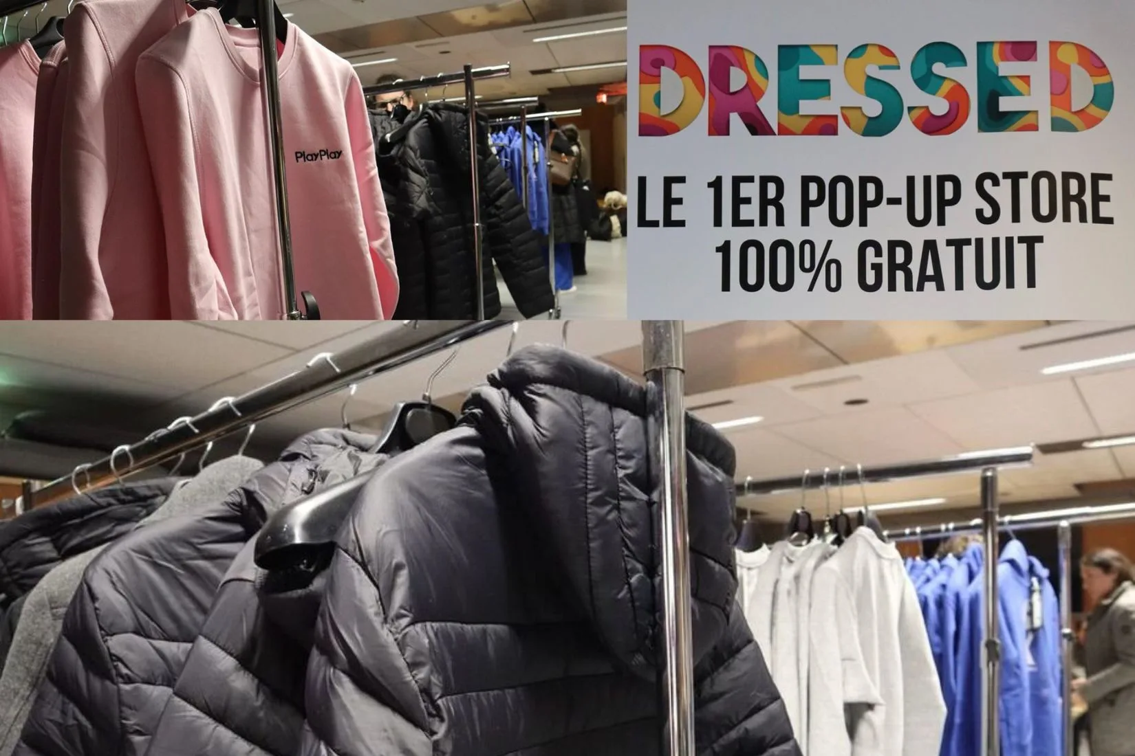 Intérieur du pop-up store Dressed avec un signe annonçant un magasin 100% gratuit et des vêtements suspendus sur des cintres.