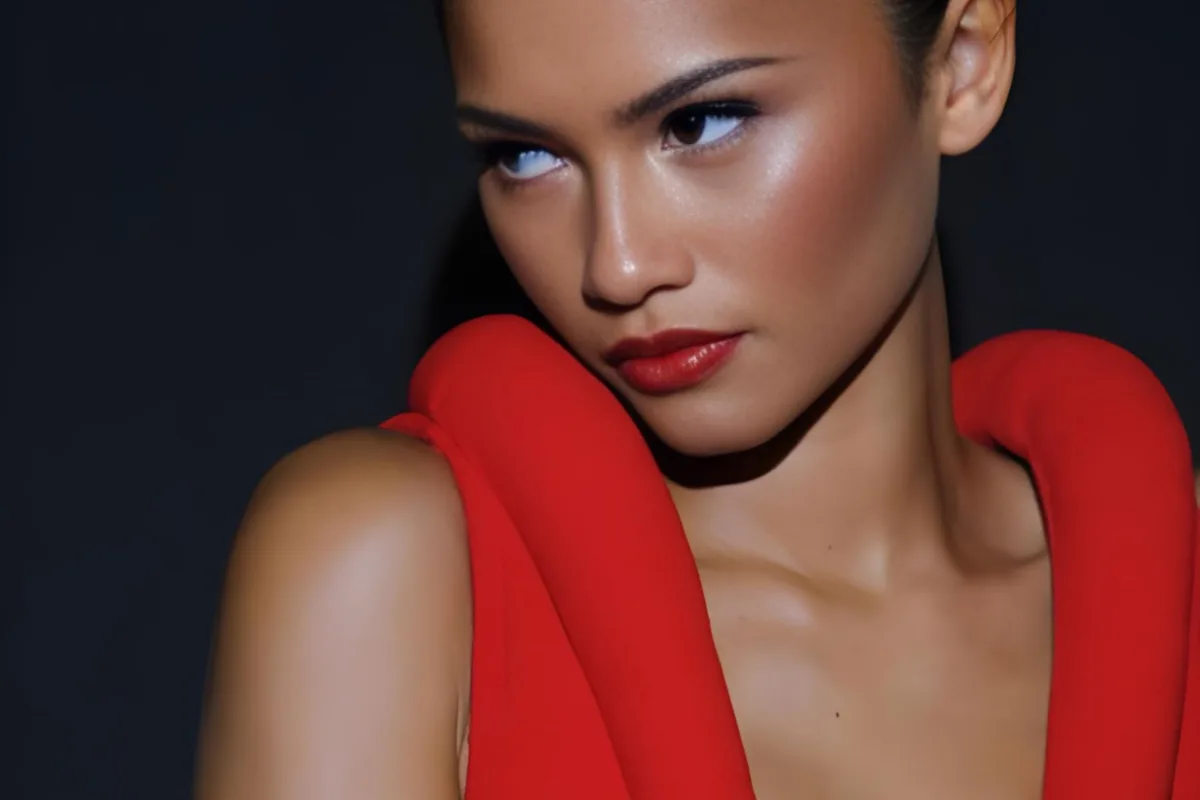 Zendaya portant une robe rouge élégante avec un regard intense.