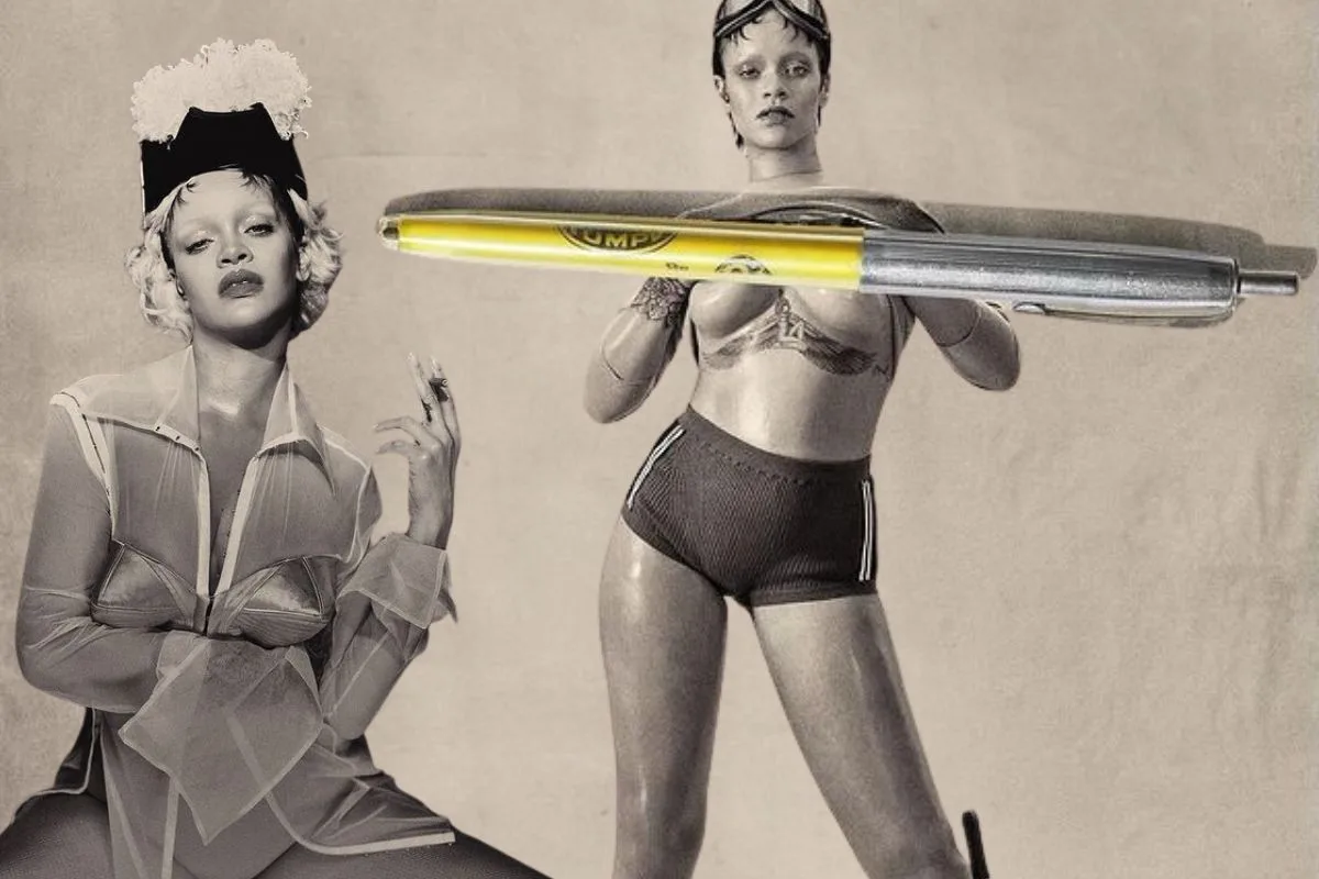Montage de deux images en noir et blanc de Rihanna, une en soutien-gorge pointu et l'autre tenant un tube géant.