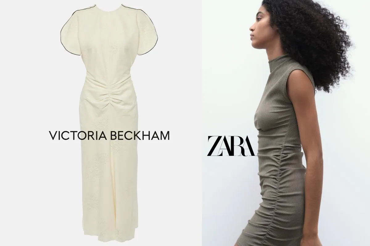 À gauche, une robe froncée ivoire Victoria Beckham et à droite, une femme portant une robe Zara similaire avec un tissu froncé.