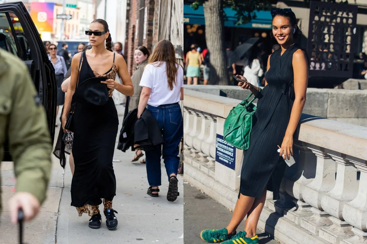  Femme en robe noire avec empiècements léopard et sneakers noires, et une autre souriante en robe noire et sneakers vertes.