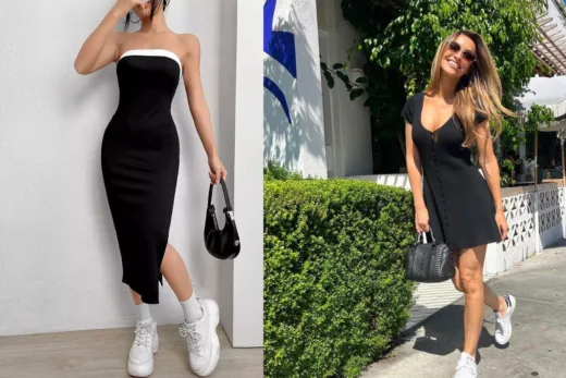 Femme portant une robe noire moulante avec des baskets blanches et un sac à main noir.