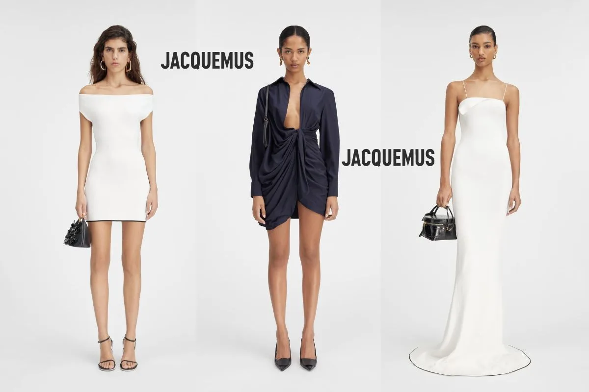 Trois modèles de robes de mariée Jacquemus, l'une courte, l'autre drapée et la dernière longue et fluide.