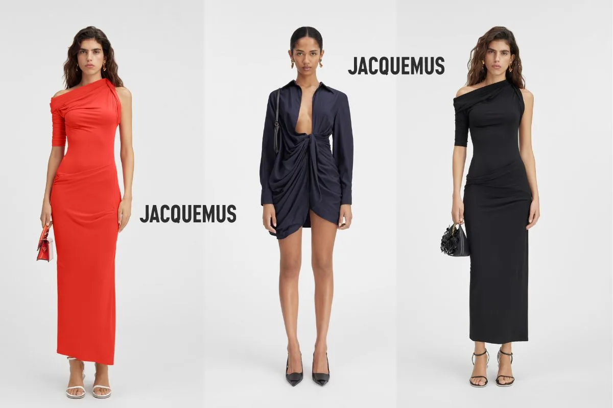 Variété de robes Jacquemus avec une rouge asymétrique, une bleue nouée et une noire élégante.