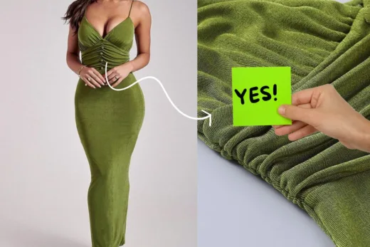 Montage de deux images montrant une robe longue verte sur une femme et une main tenant un post-it avec "YES!" confirmant le choix.