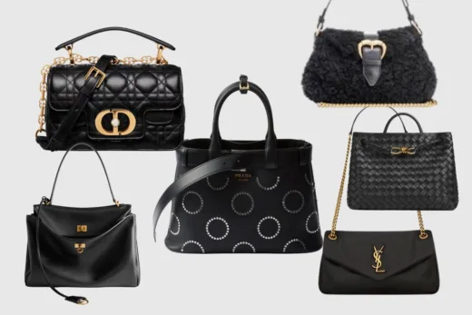 Collection de six sacs à main de luxe noirs de différentes marques et styles.