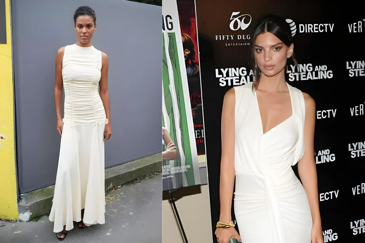 Tina Kunakey et Emily Ratajkowski posent dans des robes blanches froncées, tendance printemps 2024.