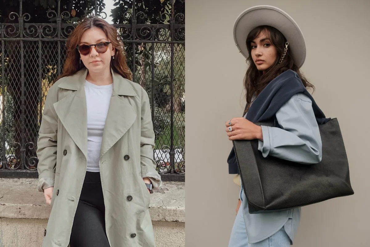 Une femme portant un trench beige et des lunettes de soleil et une autre avec un chapeau, un blazer et tenant un grand sac.