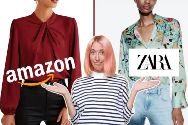 Montage de deux femmes portant des hauts tendance avec les logos d'Amazon et Zara en évidence.