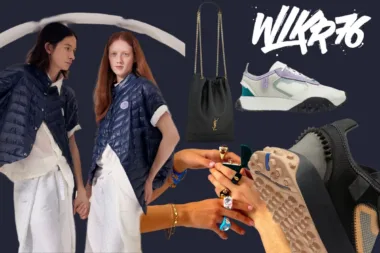 Collage de produits de mode incluant une paire de sneaker wlkr 76 de Decathlon, un sac à main noir Saint Laurent