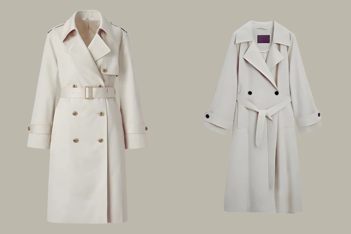 Deux trench-coats ivoire revisités avec ceinture et boutons contrastants.