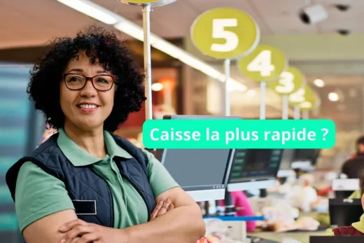 Caissière souriante en uniforme vert debout devant sa caisse au supermarché