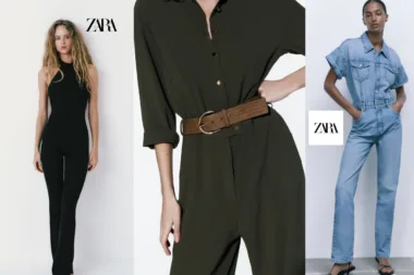 Trois mannequins présentent des tenues Zara, incluant une combinaison noire, une verte avec ceinture et un jean.