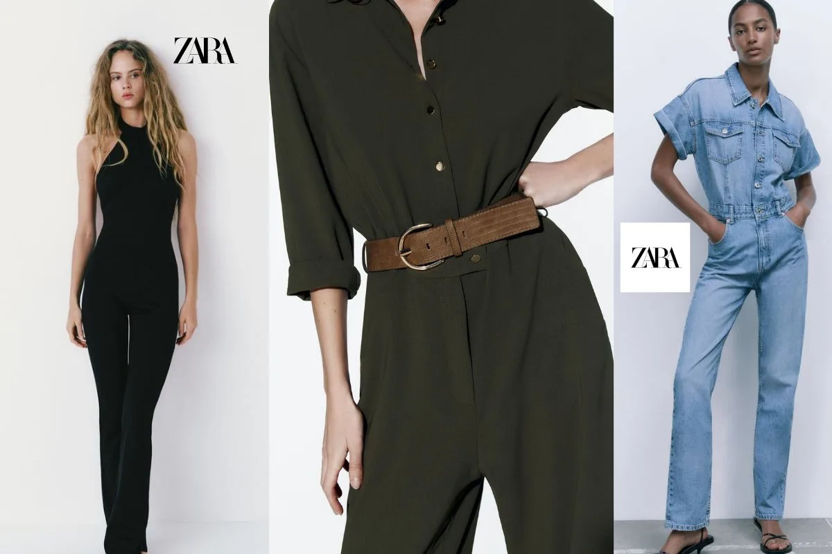 Trois mannequins présentent des tenues Zara, incluant une combinaison noire, une verte avec ceinture et un jean.