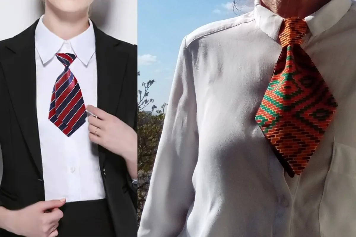 Deux styles de cravate courte, l'une à rayures classiques et l'autre avec un motif ethnique coloré.