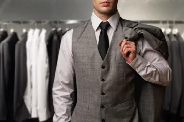 Homme élégant en gilet gris et cravate noire, tenant une veste sur son épaule dans un magasin de costumes.