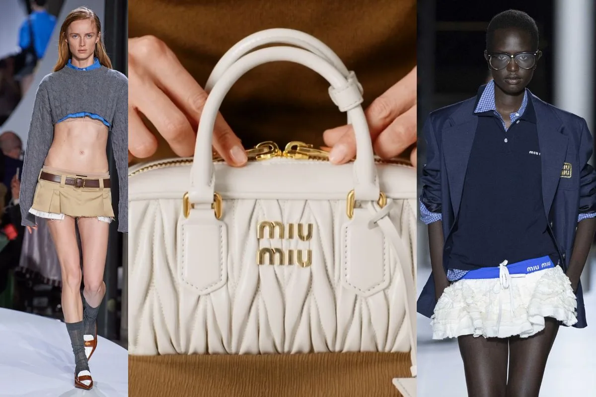 Divers articles de mode de Miu Miu incluant un sac à main, des vêtements et accessoires, illustrant leur prestige dans le luxe.