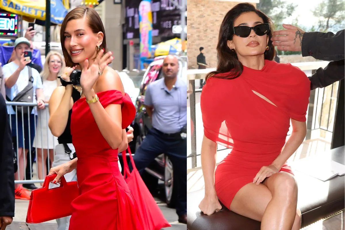 Hailey Bieber et Kylie Jenner illustrant la popularité du rouge avec leurs tenues élégantes.