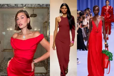 Trois femmes portant des robes rouges élégantes, chacune dans un style différent.