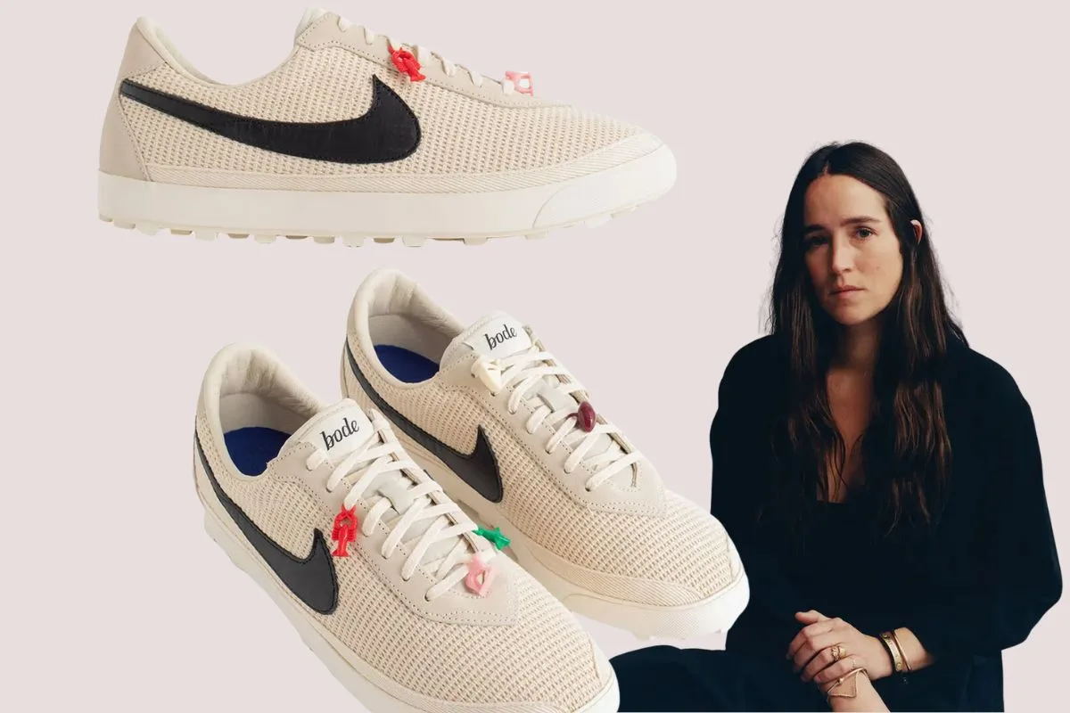 Des sneakers Nike avec des ornements spéciaux et une créatrice en arrière-plan.