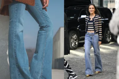 Femme portant un jean bootcut, marchant confiante en ville.