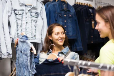 Deux femmes souriantes choisissant des vestes sans manches dans une boutique de vêtements.