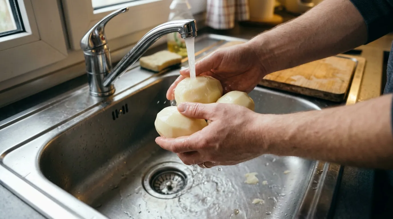 Pommes de terre rincées avant de couper les frites